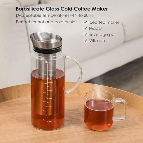 Aquach Cold Brew Coffee Iced Tea Maker & Fruit Pitcher, Large Capacity 51 Ounces with Glass Carafe and Steel Infuser