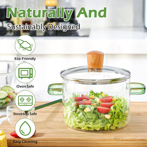 1.5L Glass Cooking Pot, 51oz/6cups Simmer Pot for Stove Top, Oven/Gas Safe (Green Handle)