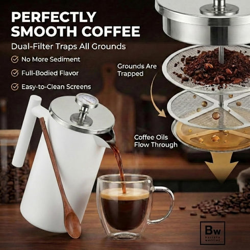 Barista Warrior French Press Coffee Maker - Double-Wall Stainless Steel Insulated French Press with Built