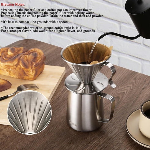 304 100 600ml Lalord Pour Over Coffee Maker, Stainless Steel wIth pcs Paper Filters & Milk Frothing Pitcher, for Home