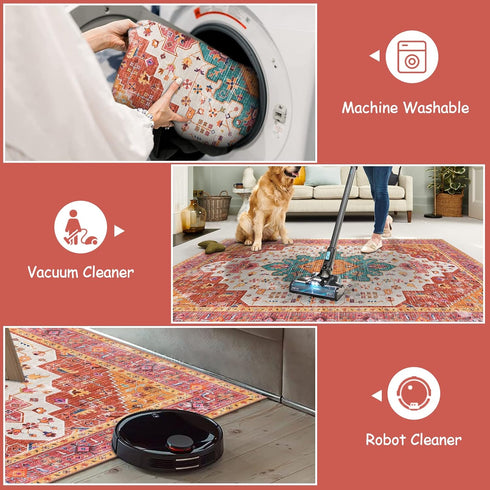 5x7 Moynesa Ultra-Thin Washable Vintage Area Rug - Large Bedroom Boho Non-Slip Non-Shedding Living Room Mat Oriental