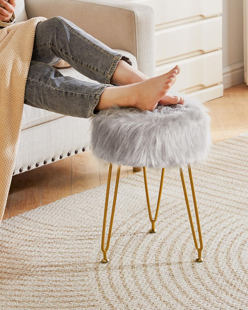 4 LG-32G IBUYKE Faux Fur Vanity Stool Chair, Furry Makeup Stool Ottoman, Soft Padded Seat, Round Footrest Footstools