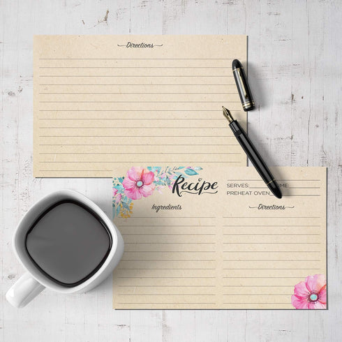 Set of 50 Double Sided Recipe Cards 4x6 Inch, Thick Cardstock with Lines, Large Writing Space (Floral Kraft Look)