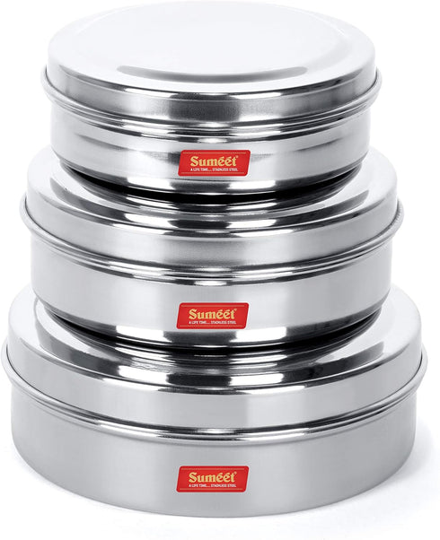 Sumeet Stainless Steel Chocolate Flat Slim Canisters - Puri Dabba/Storage Containers Set of 3Pcs Medium Set
