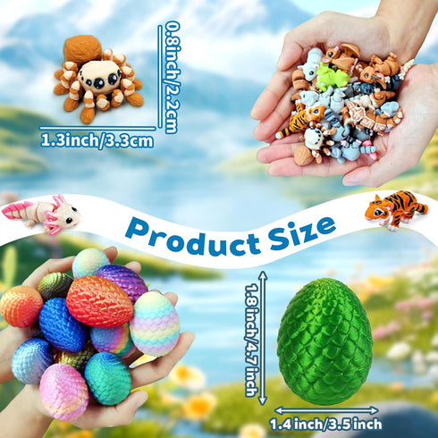 24 3D 1.5-2 Inch Pcs Mini Printed Animals in Sparkle Eggs - Articulated Animal Figurines with Multicolor Gradient