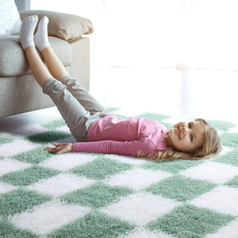 KICMOR 5x8 Cozy Living Room Rugs Sage Green and White, Large Fluffy Furry Shaggy Fuzzy Checkered Area Rug Bedroom Big