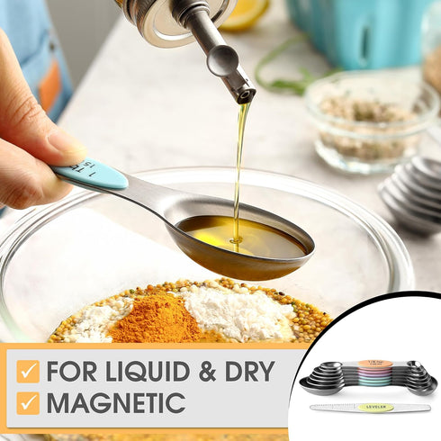 Spring Chef Stainless Steel Magnetic Measuring Spoons Set of 8 with Leveler for Baking and Cooking