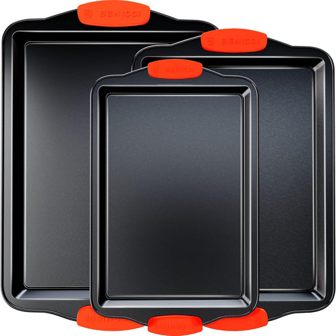Set of 3 Premium Non-Stick Baking Sheets - Deluxe BPA Free Bakeware Pans with Easy to Clean Silicone Handles