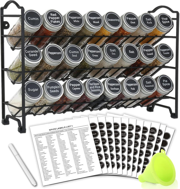 SWOMMOLY 3 Tier Spice Rack Organizer with 24 Empty Round Spice Jars, 396 Spice Labels, Funnel and Chalk Marker