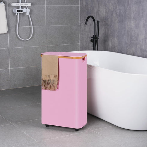 Slim Laundry Basket with Wheels, Rolling Basket with Lid and Removable Bag, 75L (19.8 Gallon) Pink