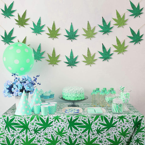 2 Pieces Pot Leaves Weed Banners and 51.2 x 86.6 Inch Weed Tablecover for Pot Leaf Birthday Party Picnic Decoration