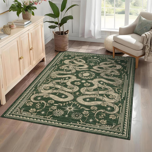 3x5 Snake Area Rug Washable Non-Slip Forest Green Gothic Witchy Fantasy Small Indoor Rugs for Entryway Soft Low-Pile
