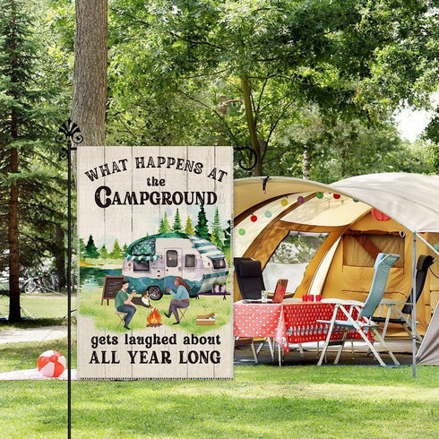 What Happens at Campground Get Laughed Garden Flag - 12 x 18 Inch Holiday Yard Outdoor Decoration