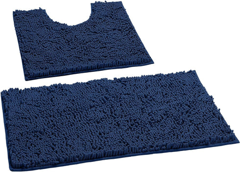 Bathroom Rugs Sets 2 Piece, Luxury Chenille Bath Mat Set, Soft Plush Anti-Slip Rug + U-Shaped Toilet Mat, Blue