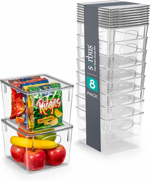 Sorbus Medium Plastic Storage Bins with Lids for Kitchen Organization, Pantry Organizers, Fridge Organizer, Clear