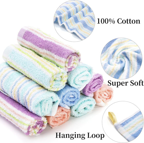 20 Pack 10x10 Inch 5 Pumtus Small Face Wash Cloths, Cotton Soft Hand Towel, Comfortable Striped Fingertip Towel