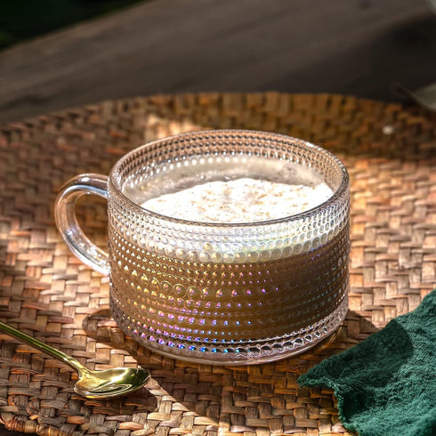 Gezzeny 14 Oz Set 2 Vintage Glass Coffee Mugs of Iridescent Embossed, Tea Cups,Glass Coffee Cups for Cappuccino