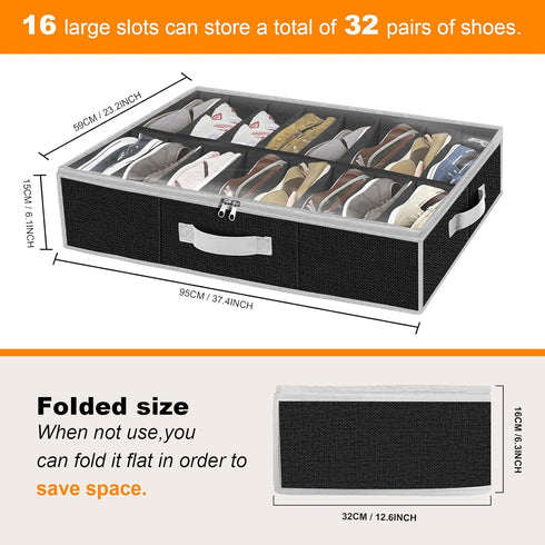 Under the Bed Shoe Storage Organizer - Extra Large Underbed Container, 2 Pack Fits 32 Pairs, Black