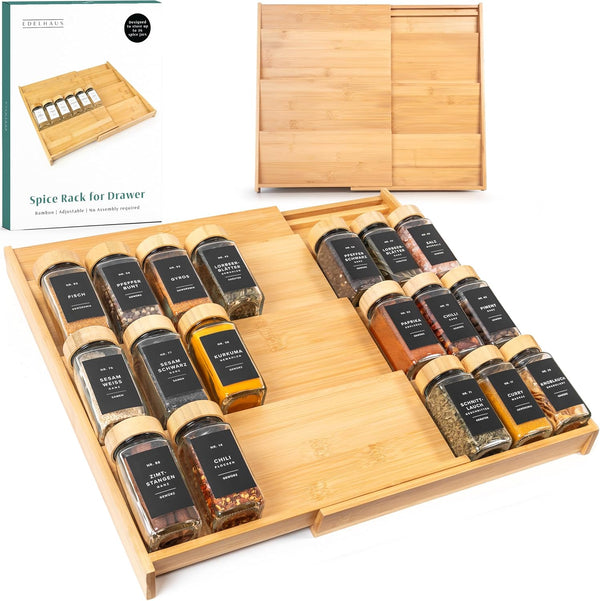 EDELHAUS Bamboo Spice Drawer Organizer - Expandable 4 Tier Spice Rack (Need