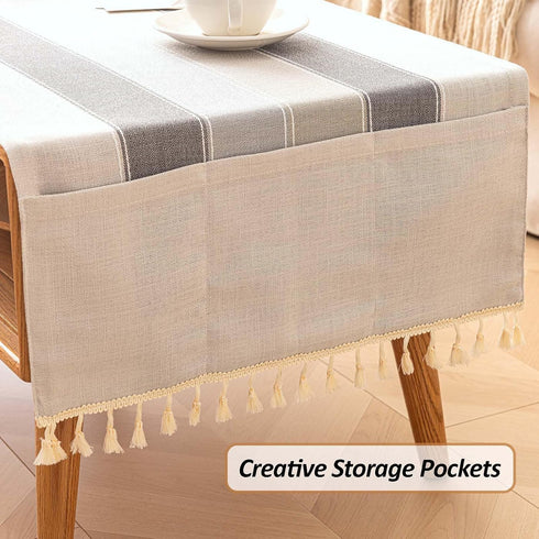 20" 60" Waterproof Coffee Table Cover, Rectangle Cotton Linen Coffee Table Cloth With Pockets And Tassel For Living