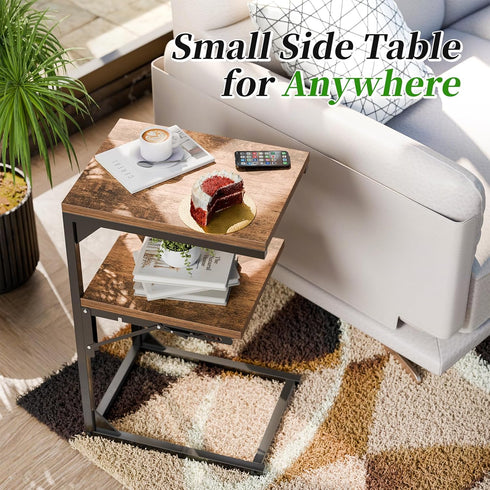 2 Simple Trending C Shaped End Table for Couch, Foldable Table with Shelf Storage, TV Tray Table for Sofa Bedside