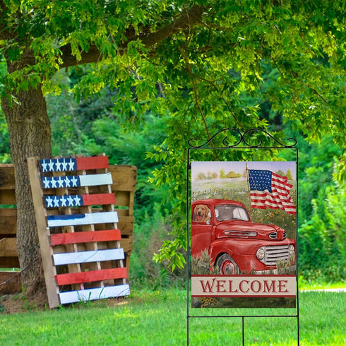 Welcome Summer American Red Truck 4th of July Flag, 28x40 Garden Yard Lawn Decor for Patriotic America