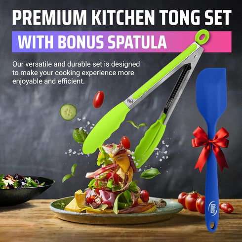 Kaluns Kitchen Tongs, Silicone Tip Stainless Steel Set with Heat Resistant Spatula, 7, 9, 12 Inch