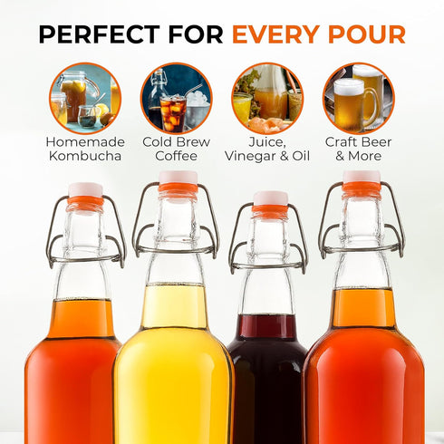 Bellemain Swing Top Glass Water Bottles, Reusable Clear Glass for Juice, Set of 4 (16oz)