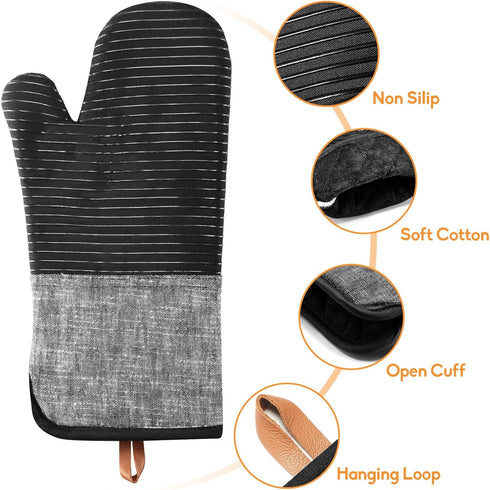 Kitchen Oven Mitts Set of 4, Non-Slip Cotton, Heat Resistant & Machine-Washable, Includes Long Mit, Mini Mitts & Pot
