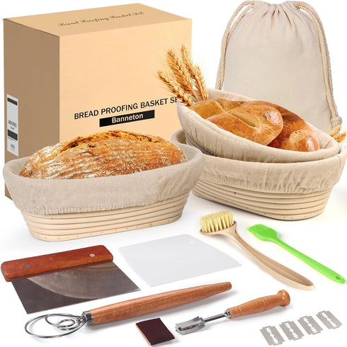 Set of 3 Lokeisna Sourdough Bread Baking Supplies, Sourdough Starter Kit, Bread Proofing Basket & Tools