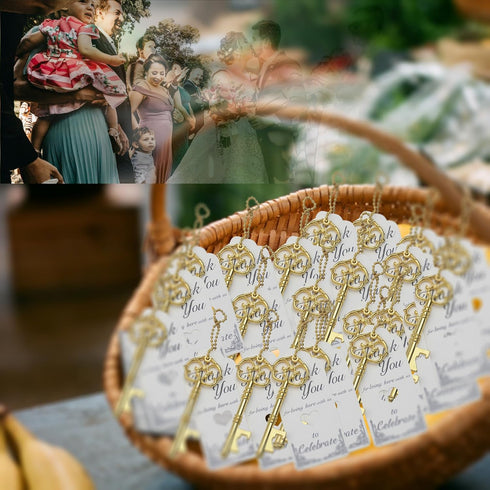 Aokbean 52pcs Vintage Skeleton Key Bottle Opener Set with Thank You Tag Card, Keychain (Gold)