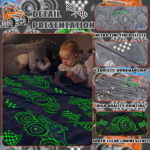 50"60" Glow in The Dark Blanket for Boys Truck Car Toys Unique Gifts for Kids Glowing Cartoon Tractor Throw Blanket