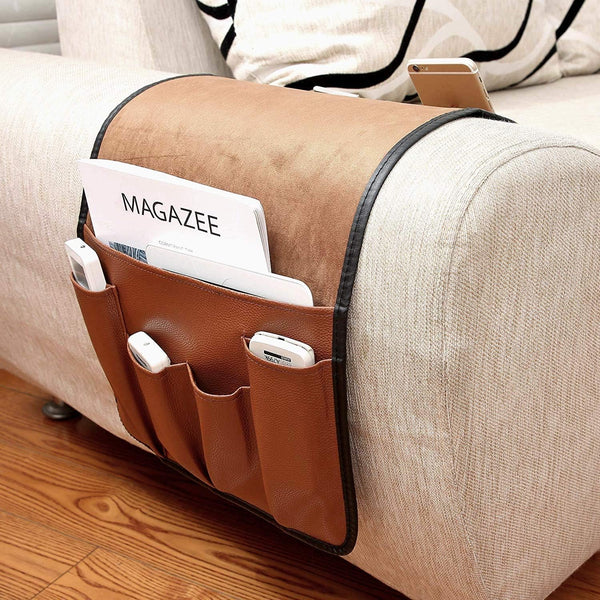 IPENNY No-slip Leather Sofa Couch Remote Control Holder, Armrest Caddy Organizer for Cellphone, Tablet, Snacks