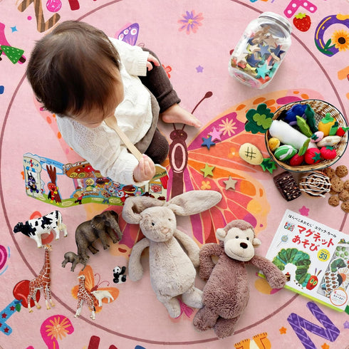4ft ABC Kids Alphabet Round Rug Washable Soft Circle Nursery Rug, Non-Slip Educational Carpet with Pink Butterfly