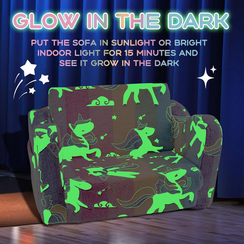 2-in-1 Kids Couch Sofa Toddler Couch Unicorn Glow in the Dark Foldable Kids Sofa Bed Flip Open Toddler Sofa Chair