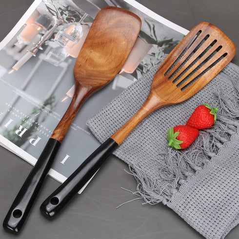 2 Pcs Best Wooden Spatula Set for Cooking, Slotted Turner and Flat Wood Wok Spatula
