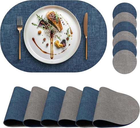 yuuzue Faux Leather Placemats Set of 6 with Matching Coasters, Dual Sided Oval