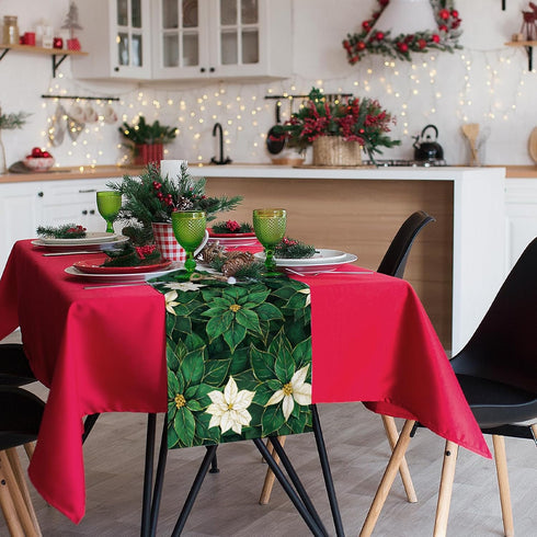 Poinsettia 13x72 Inch Green Table Runner Winter Floral Burlap Table Runners, Spring St Patricks Day Seasonal Coffee