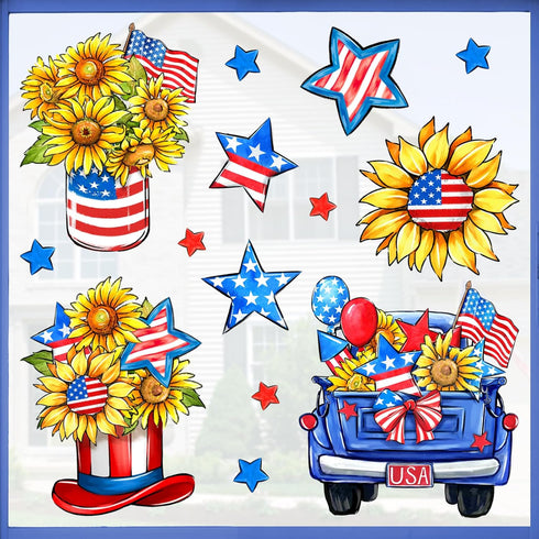 Mfault 4th of July Patriotic Window Clings, 4 Sheets America USA Sunflower Blue Truck Stickers Decal Decorations