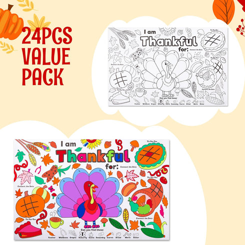 24 JOYIN Pcs Thanksgiving Coloring Placemats, Thanksgiving Turkey Coloring Paper Table Mats, Make Your Own Art & Craft