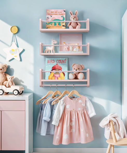 Set 3 Maxpeuvon Nursery Book Shelves, of Kids Bookshelves Natural Wood Wall Mount Organizer with Towel Bar Hanging