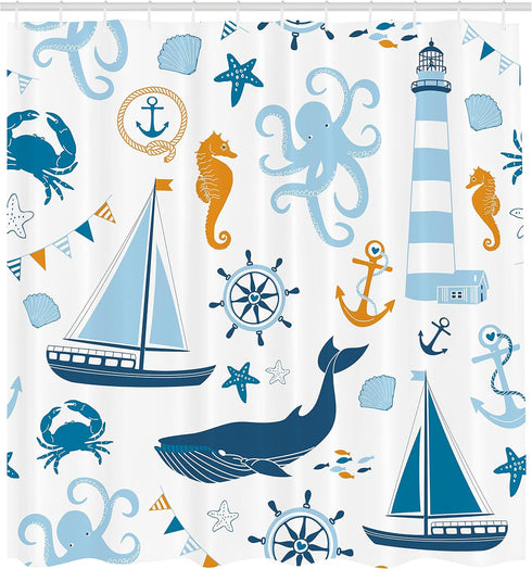 Ambesonne Nautical Shower Curtain, Blue Orange Pastel Composition of Lighthouse Sailboat Fish Shells Octopus, 69" W x