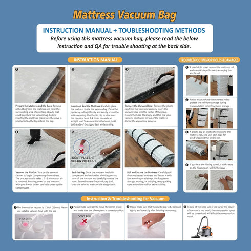 Queen/Full/Full-XL Foam Mattress Vacuum Bag with Blue Zipper, Mattress Storage Bag