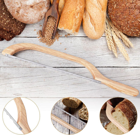 Wooden Bread Bow Knife, 15.7" Serrated Bagel Cutter for Homemade Bread, Kitchen Gift for Baker