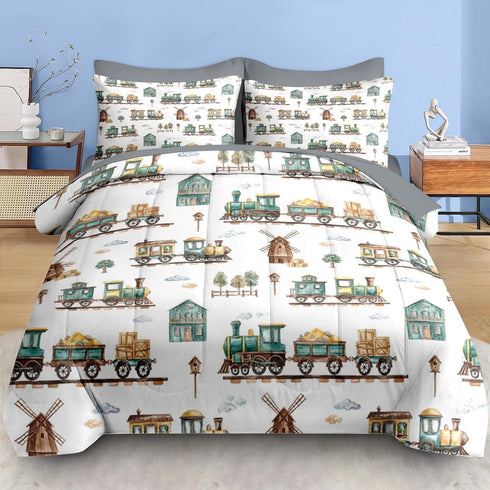 Set 5 Sets Pamnest Comforter Twin Size, Cute Cartoon Train Pcs Bedding for Kids and Adults, Green Barn Tree Bed Sheet