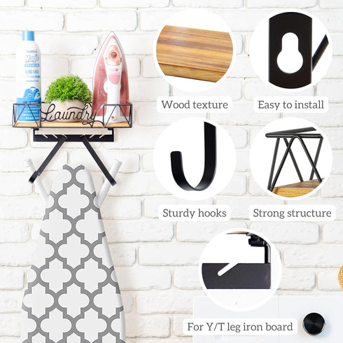 PERFNIQUE Ironing Board Holder, Wall Mount Ironing Board Hanger, Laundry Room Organization with Removable Hooks, Wooden