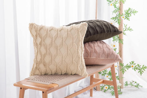 MADIZZ Set of 2 Soft Plush Short Wool Velvet Decorative Throw Pillow Covers 16x16 inch, Khaki Square Luxury Style