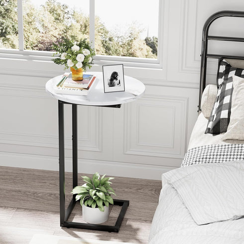 Katrawu C Shaped End Side Table, Small Oval Couch Sofa Table for Bed, Snack Side Table with Metal Frame, TV Tray Table