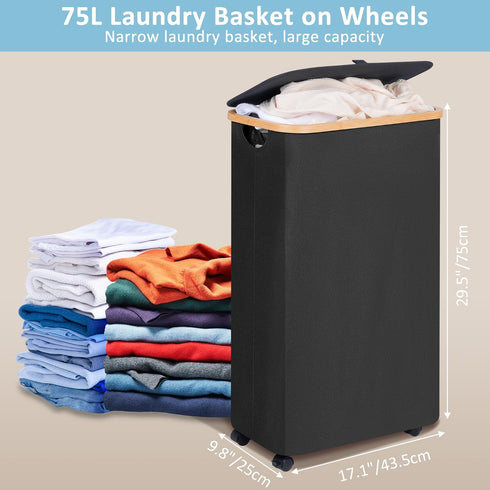 Slim Rolling Laundry Basket with Lid and Removable Bag, 75L Narrow Dirty Clothes Basket with Wheels (Black)