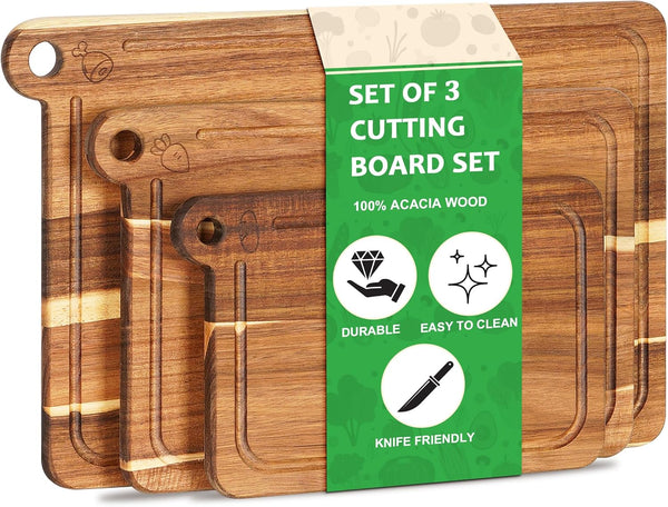 3 Pack Cutting Board Set, Acacia Wood Cutting Boards for Kitchen, Chopping